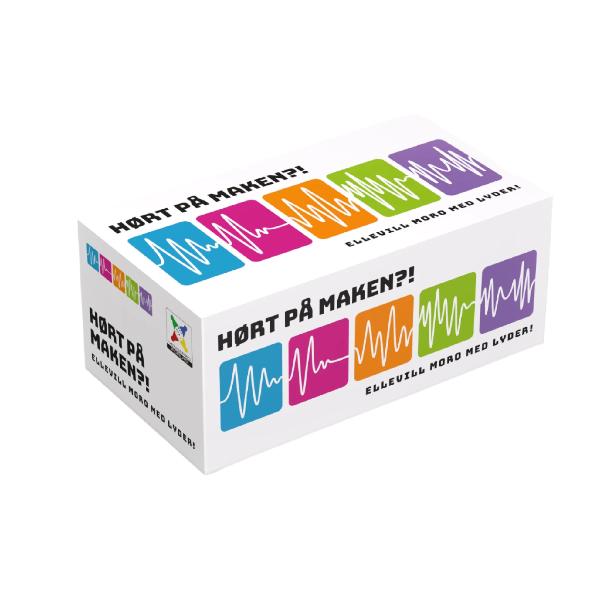 Hørt på maken white box med fargerike lydbølgesymboler for kreative selskapsspill